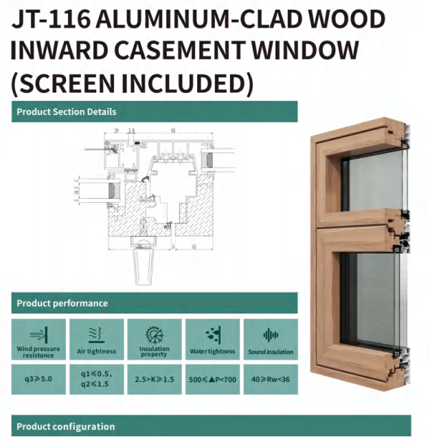 JT-116 ALUMINUM-CLAD WOOD INWARD CASEMENT WINDOW (SCREEN INCLUDED)
