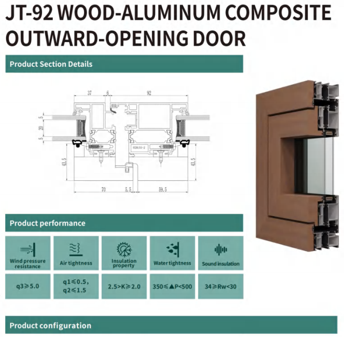 JT‑92 WOOD‑ALUMINUM COMPOSITE OUTWARD‑OPENING DOOR